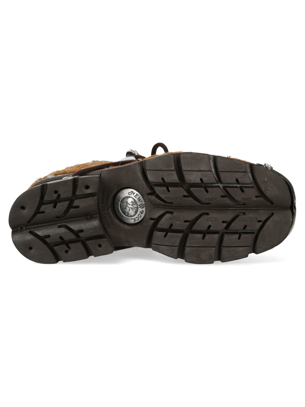 Bottom view of NEW ROCK Women's Brown Low Platform Shoes with Toe Plates featuring rugged tread sole.