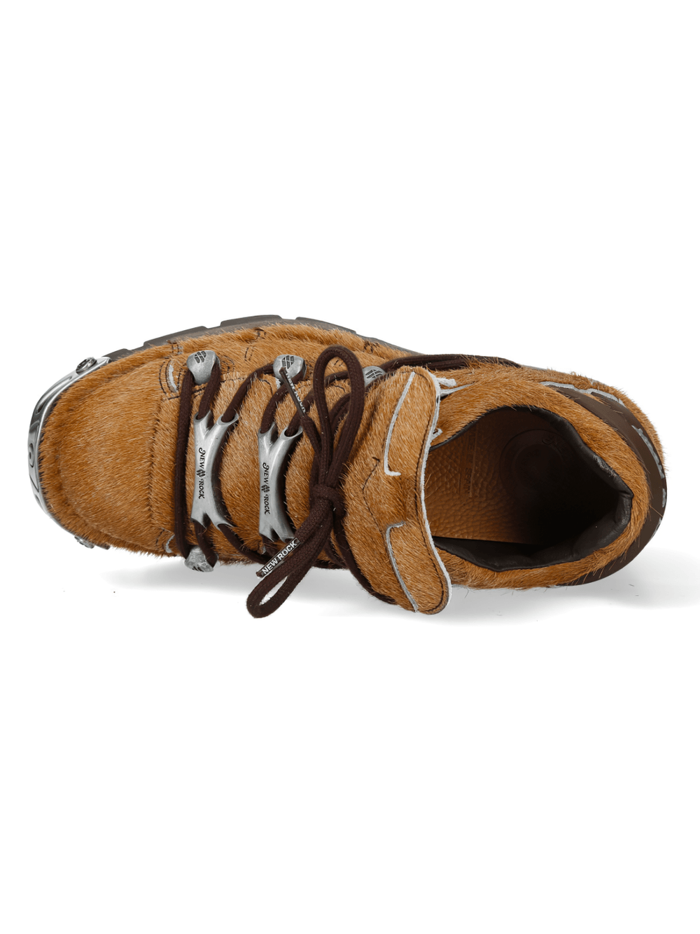 NEW ROCK Women's Brown Low Platform Shoes with Toe Plates, showcasing a cow-pattern design and metallic flame toe trims.