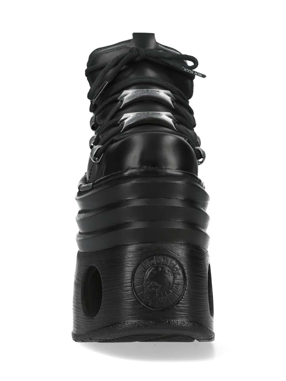 NEW ROCK Women's Buckled Platform Ankle Boots for Alt Looks with a fierce metallic design and rugged profile.