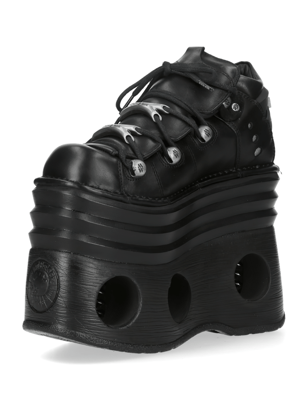 NEW ROCK Women's Buckled Platform Ankle Boots for Alt Looks in black with bold design and statement sole.