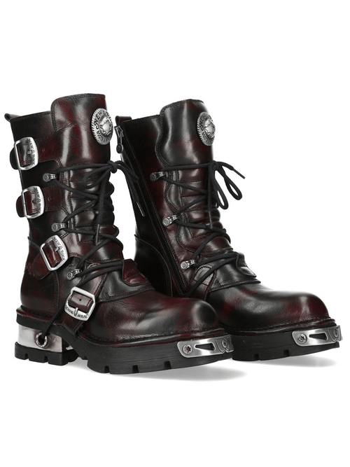 NEW ROCK Women's Burgundy Biker Boots With Buckle Straps