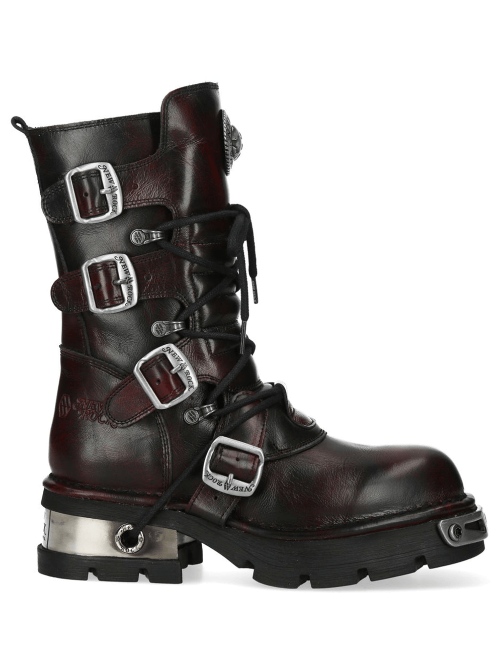 NEW ROCK Women's Burgundy Biker Boots With Buckle Straps showcasing a stylish design with metallic accents and rugged charm.