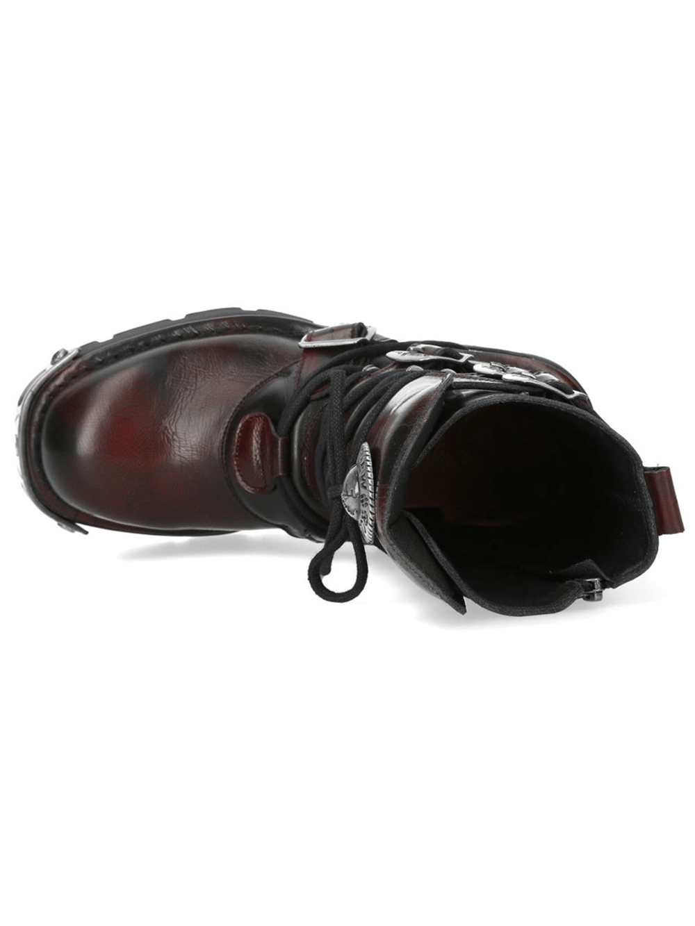NEW ROCK Women's Burgundy Biker Boots With Buckle Straps top view showcasing the lace-up and zipper details.