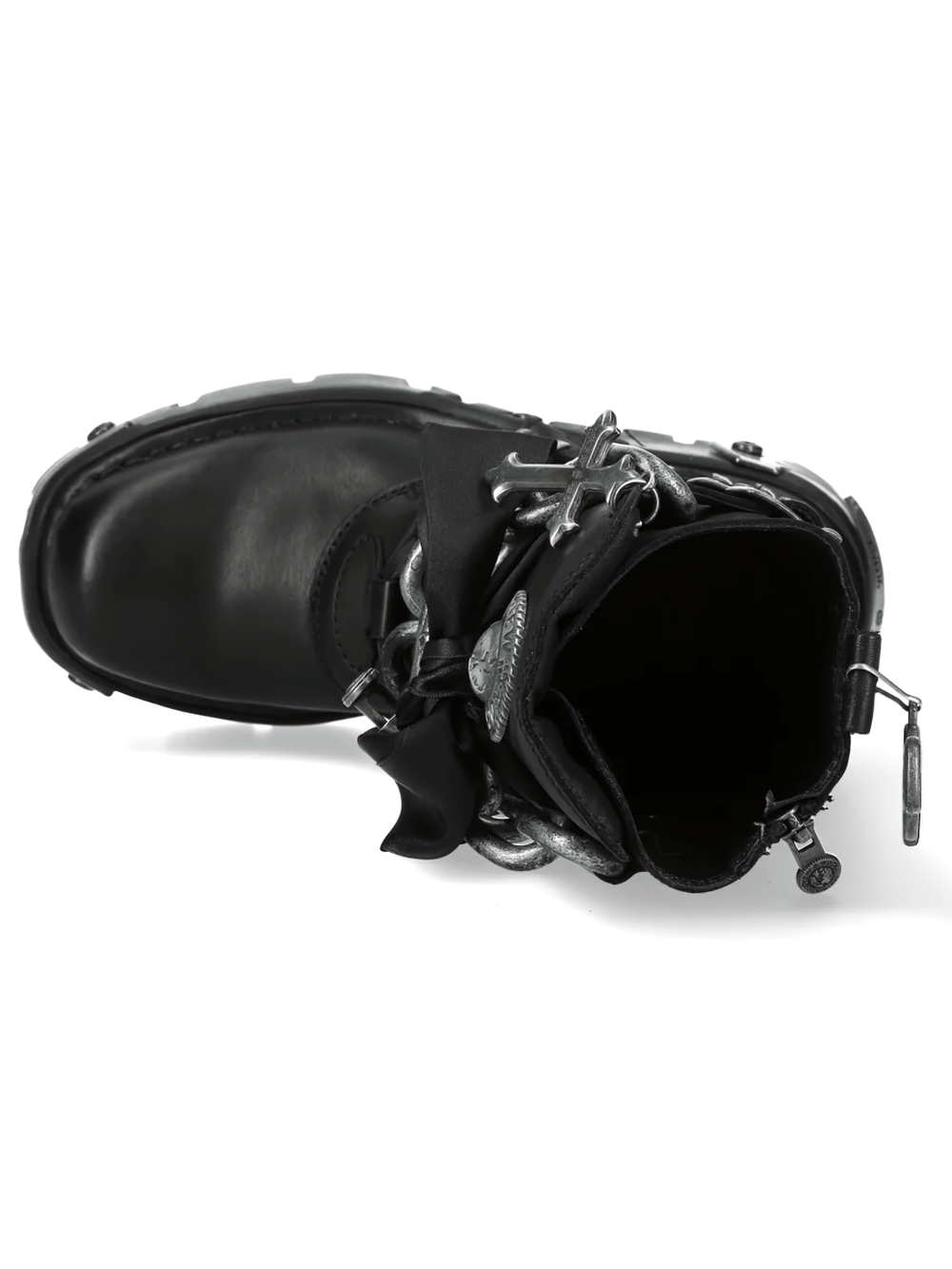 NEW ROCK Women's Chain Boots with Buckles and Tread Sole featuring silver hardware and ribbon laces.