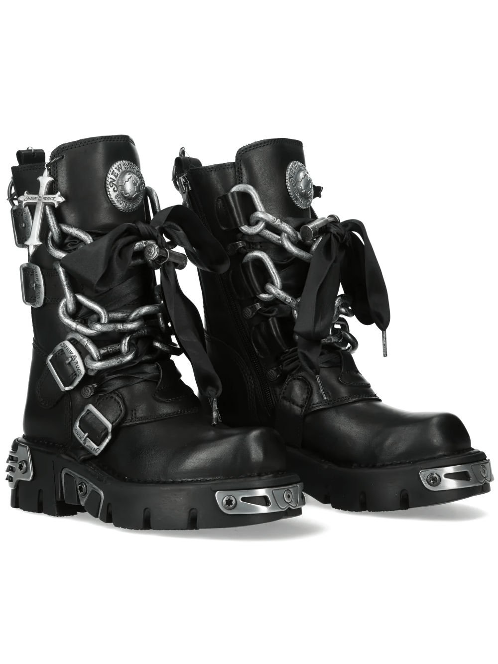 NEW ROCK Women's Chain Boots with Buckles and Tread Sole in black with chain front lacing and satin ribbons.