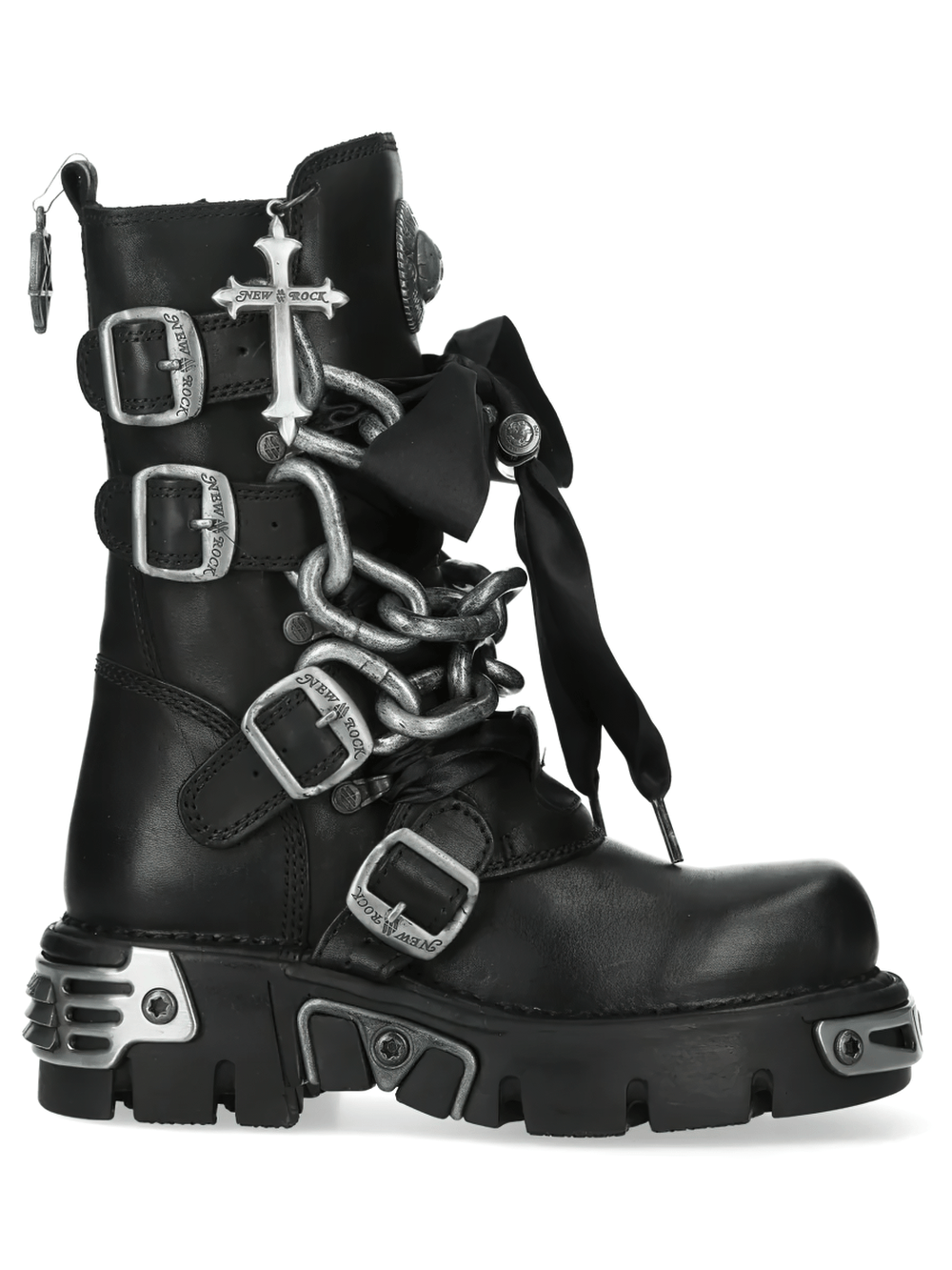 NEW ROCK Women's Chain Boots with Buckles and Tread Sole featuring chain lacing and chunky lug soles in black.