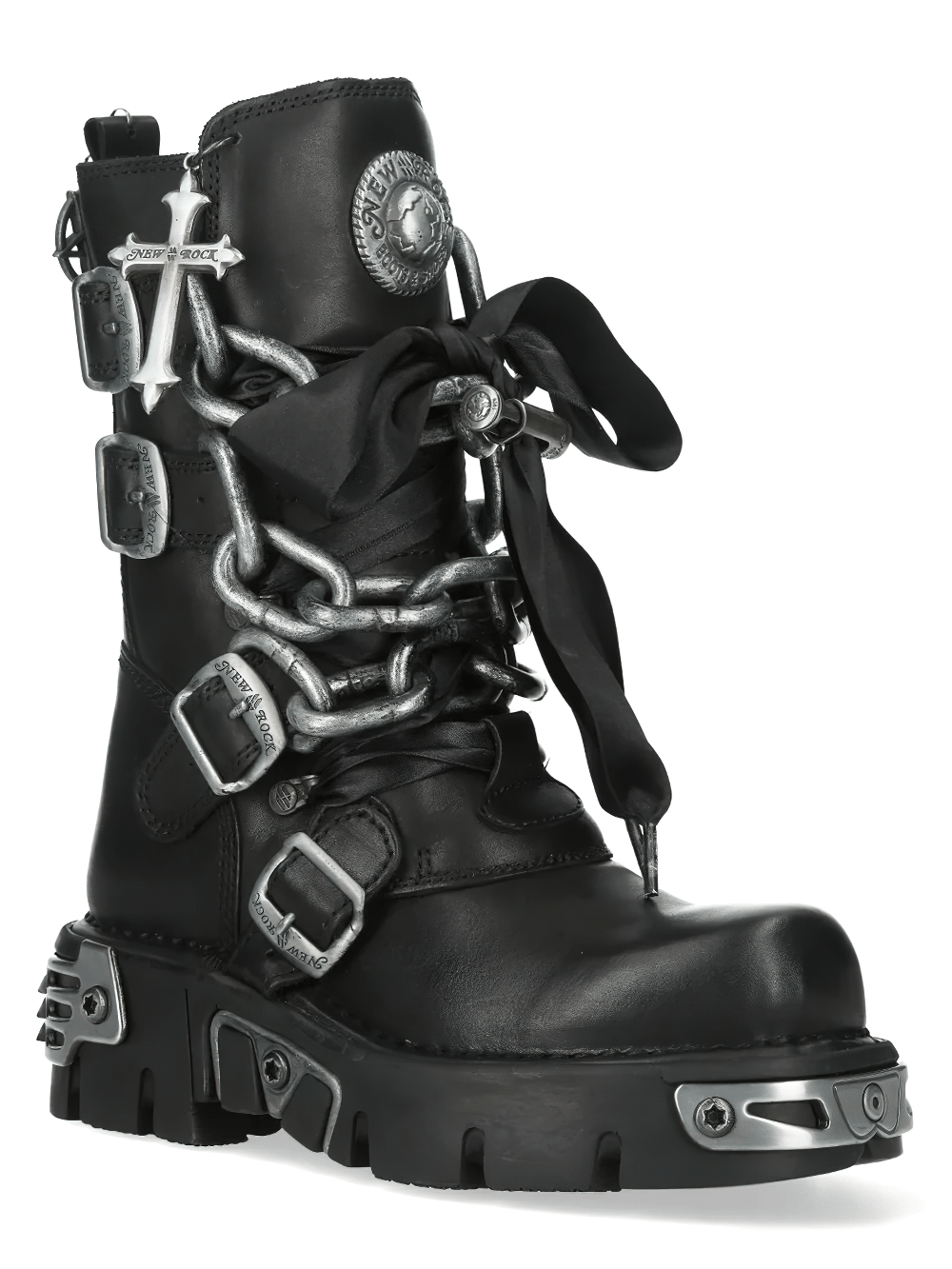 NEW ROCK Women's Chain Boots with Buckles and Tread Sole featuring chain lacing and satin ribbon ties.