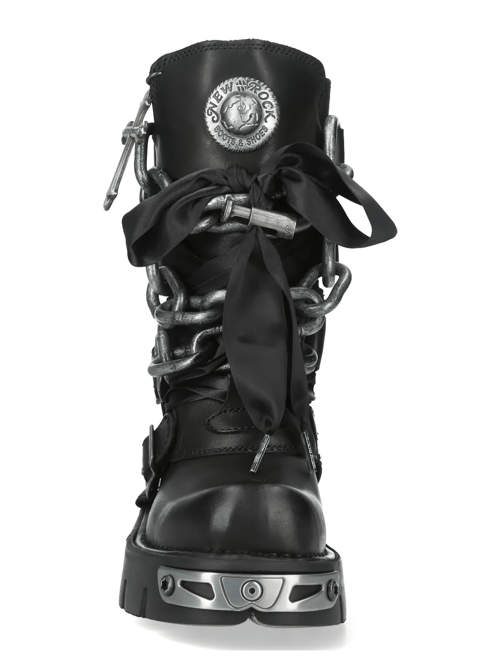 NEW ROCK Women's Chain Boots with Buckles and Tread Sole featuring chain laces and satin ribbon detail.