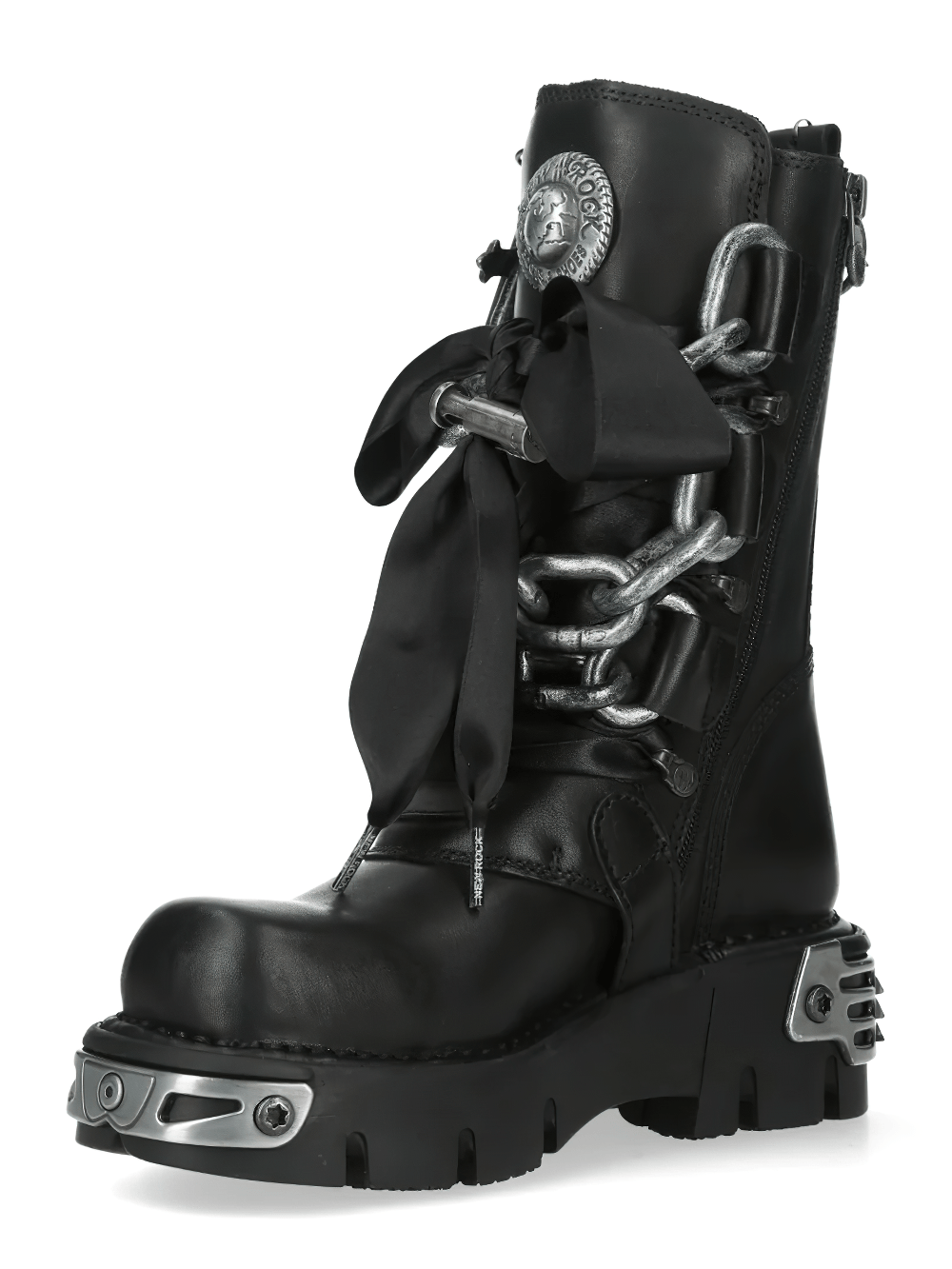 NEW ROCK Women's Chain Boots with Buckles and Tread Sole in black leather with silver hardware and ribbon laces.