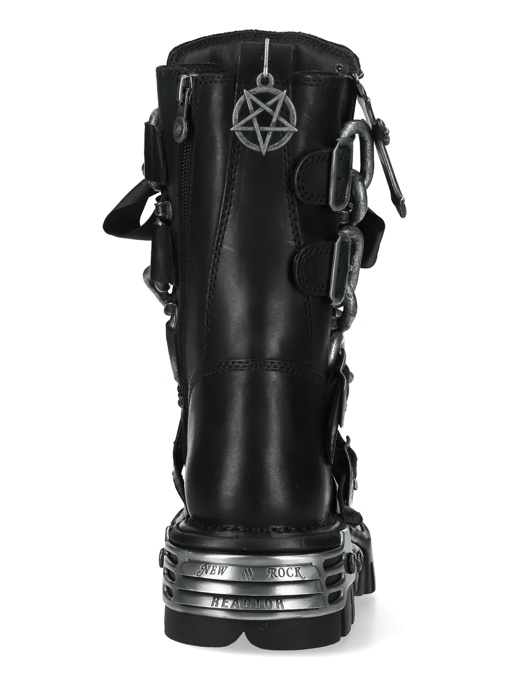 NEW ROCK Women's Chain Boots with Buckles and Tread Sole detailed view showing back with silver pentagram and buckles.