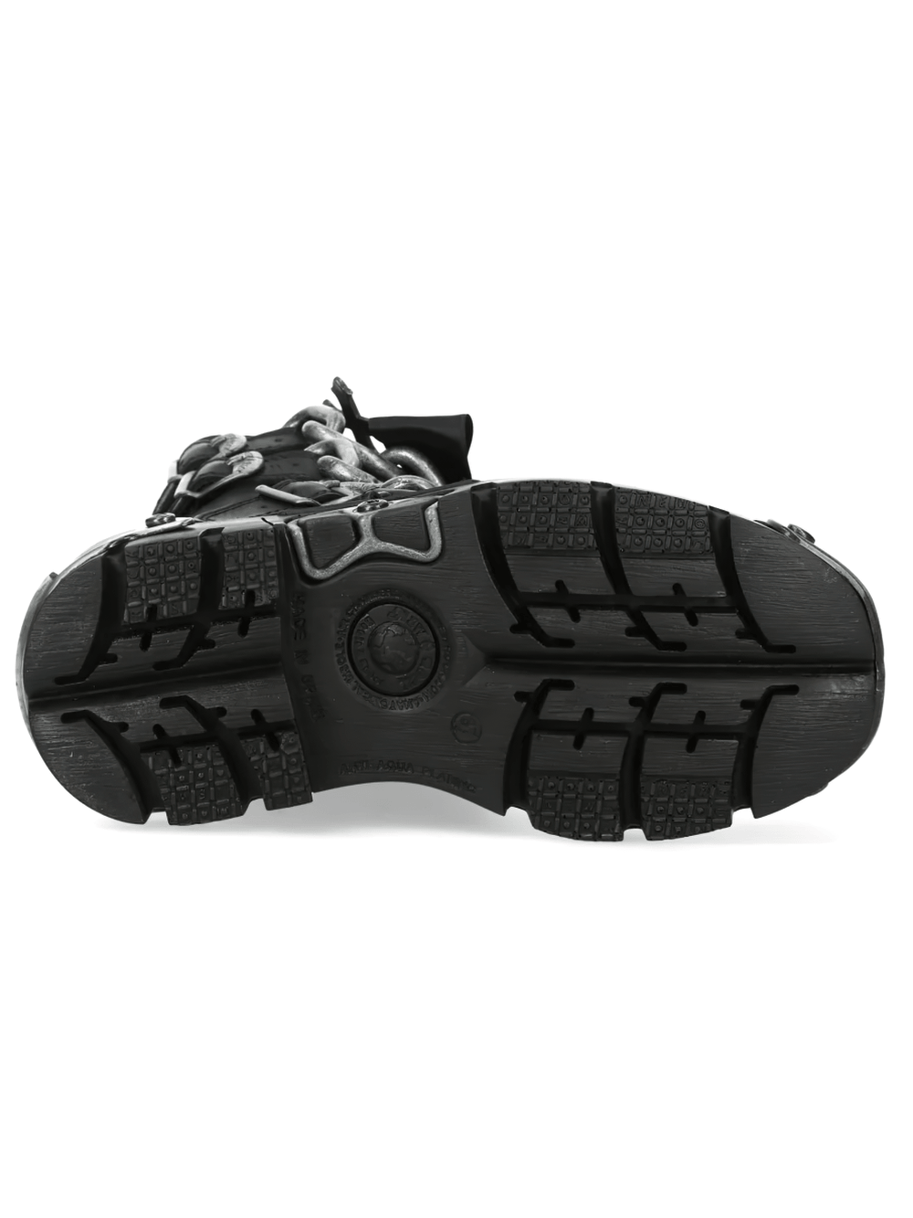 NEW ROCK Women's Chain Boots with Buckles and Tread Sole view from the bottom showing detailed tread and chain laces.
