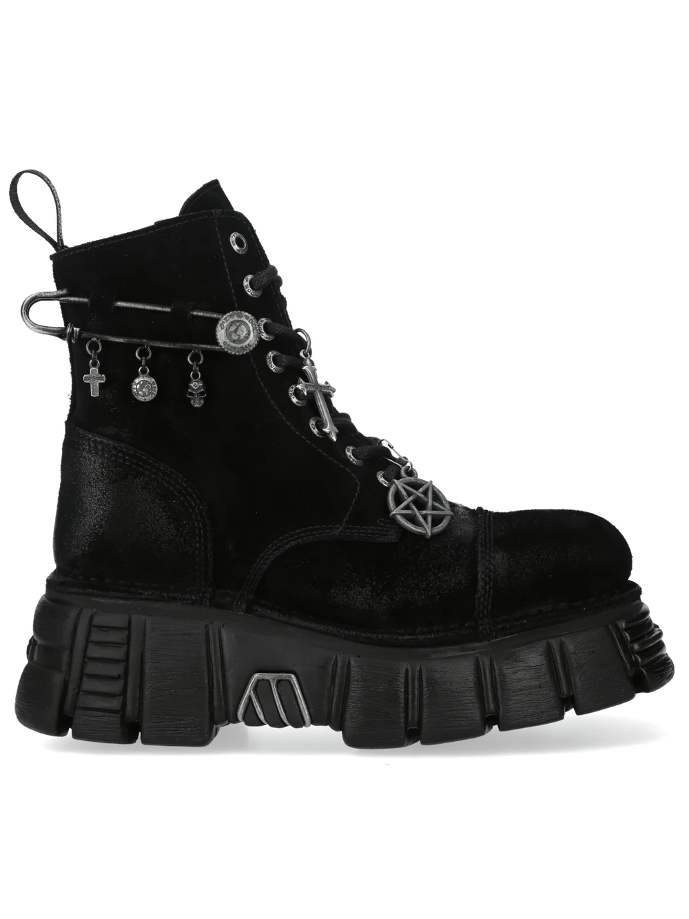 NEW ROCK Women's Charm Platform Boots with Cross Details featuring gothic charms and chunky platform sole.