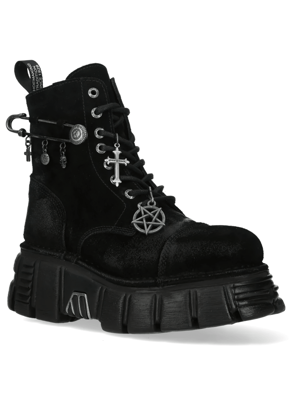 NEW ROCK Women's Charm Platform Boots with Cross Details, featuring charms and a chunky platform sole.