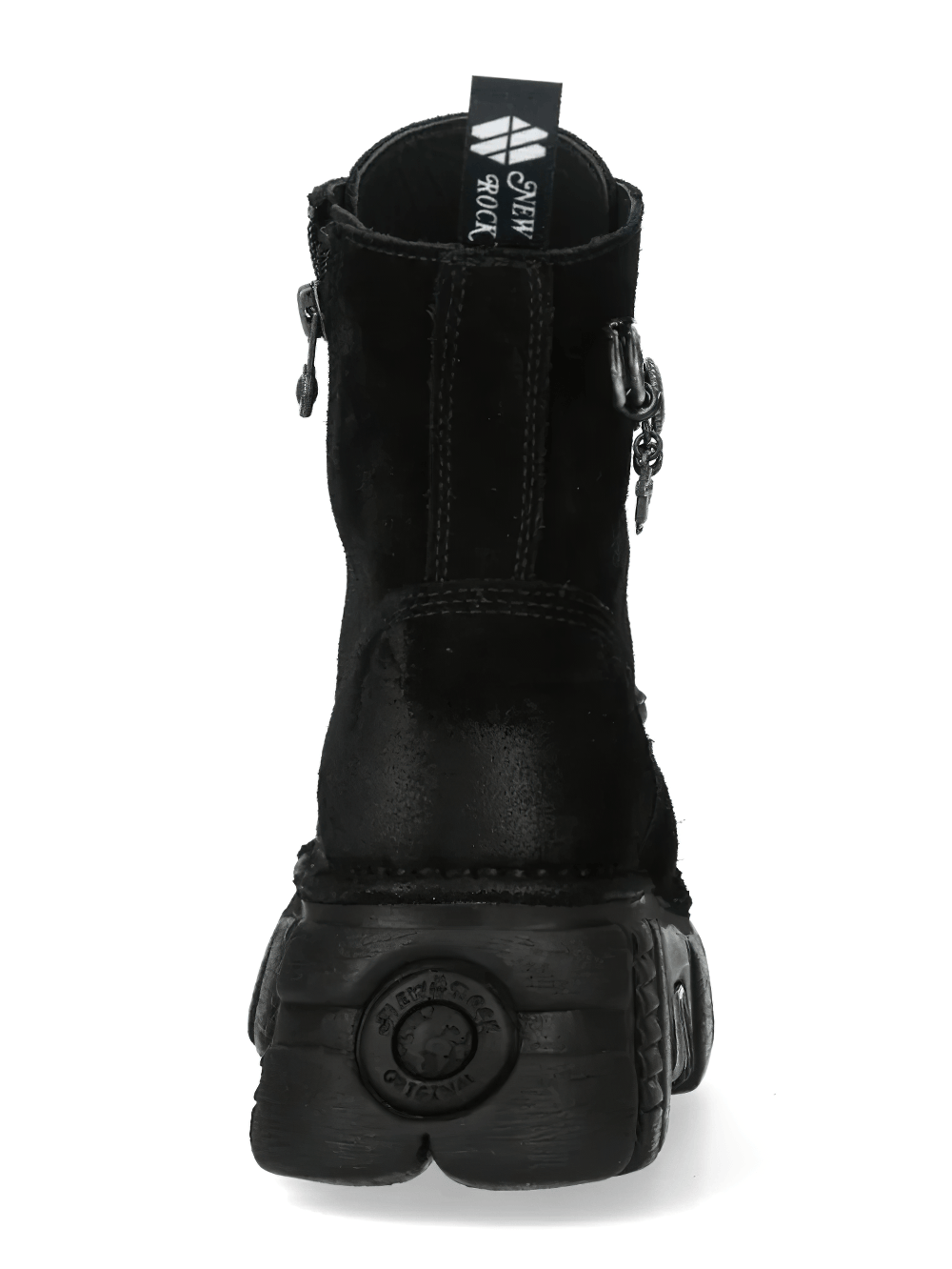 NEW ROCK Women's Charm Platform Boots with Cross Details rear view showcasing black suede finish and chunky sole.