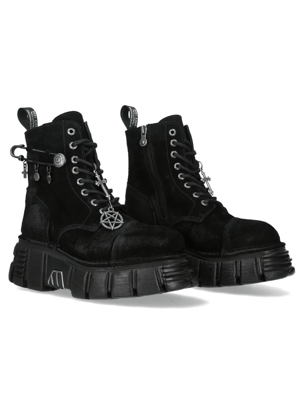 NEW ROCK Women's Charm Platform Boots with Cross Details featuring cross charms and chunky sole, perfect for gothic fashion.