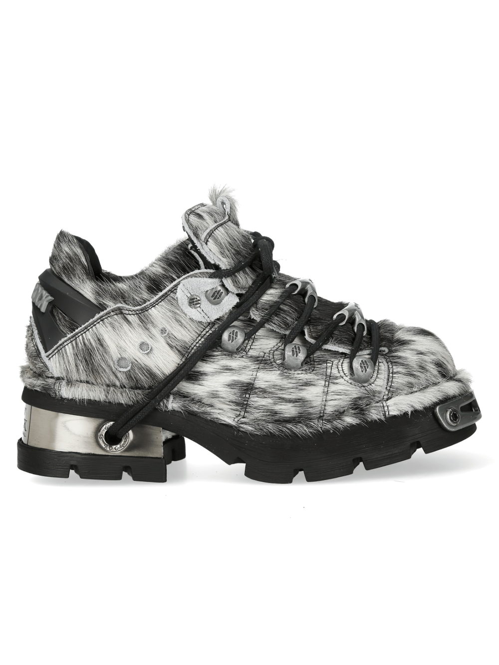 NEW ROCK Women's Cow Pattern Platform Shoes with Toe Caps featuring black lacing and silver flame accents.