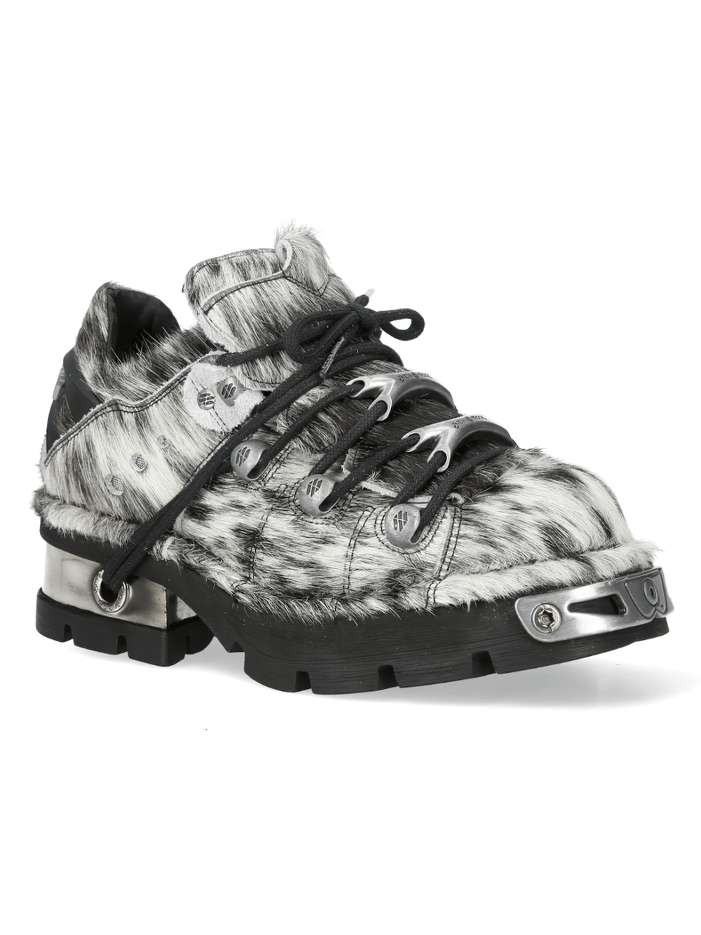 NEW ROCK Women's Cow Pattern Platform Shoes with Toe Caps in metallic cyber print with flame accents.