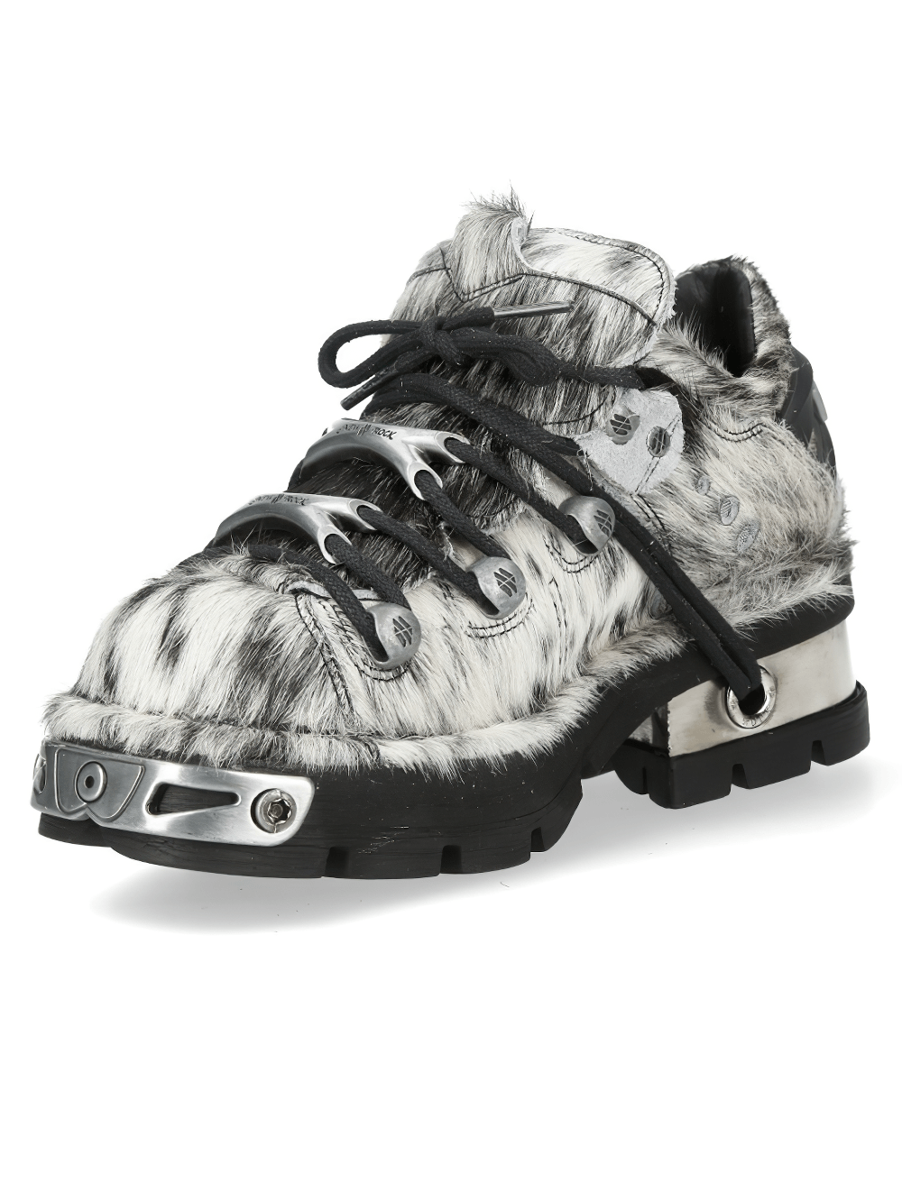 NEW ROCK Women's Cow Pattern Platform Shoes with Toe Caps in metallic cyber cow print and silver flame accents.