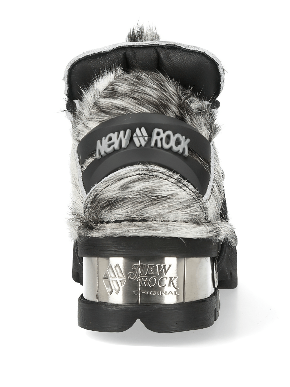 NEW ROCK Women's Cow Pattern Platform Shoes with Toe Caps - Back view showcasing metallic accents and fur texture.