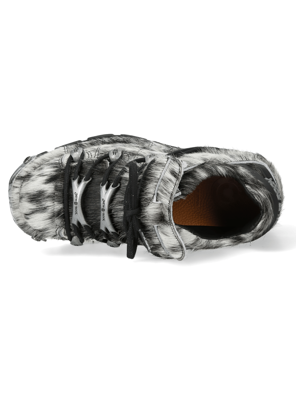 NEW ROCK Women's Cow Pattern Platform Shoes with Toe Caps - top view showcasing the metallic cyber cow print and black laces.