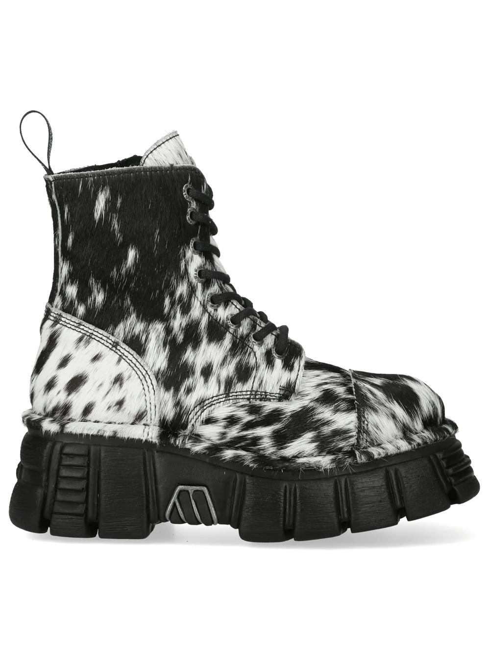 NEW ROCK Women's Cow Print Gothic Boots with Lug Sole side view showcasing black and white cow print design and heavy lug sole.