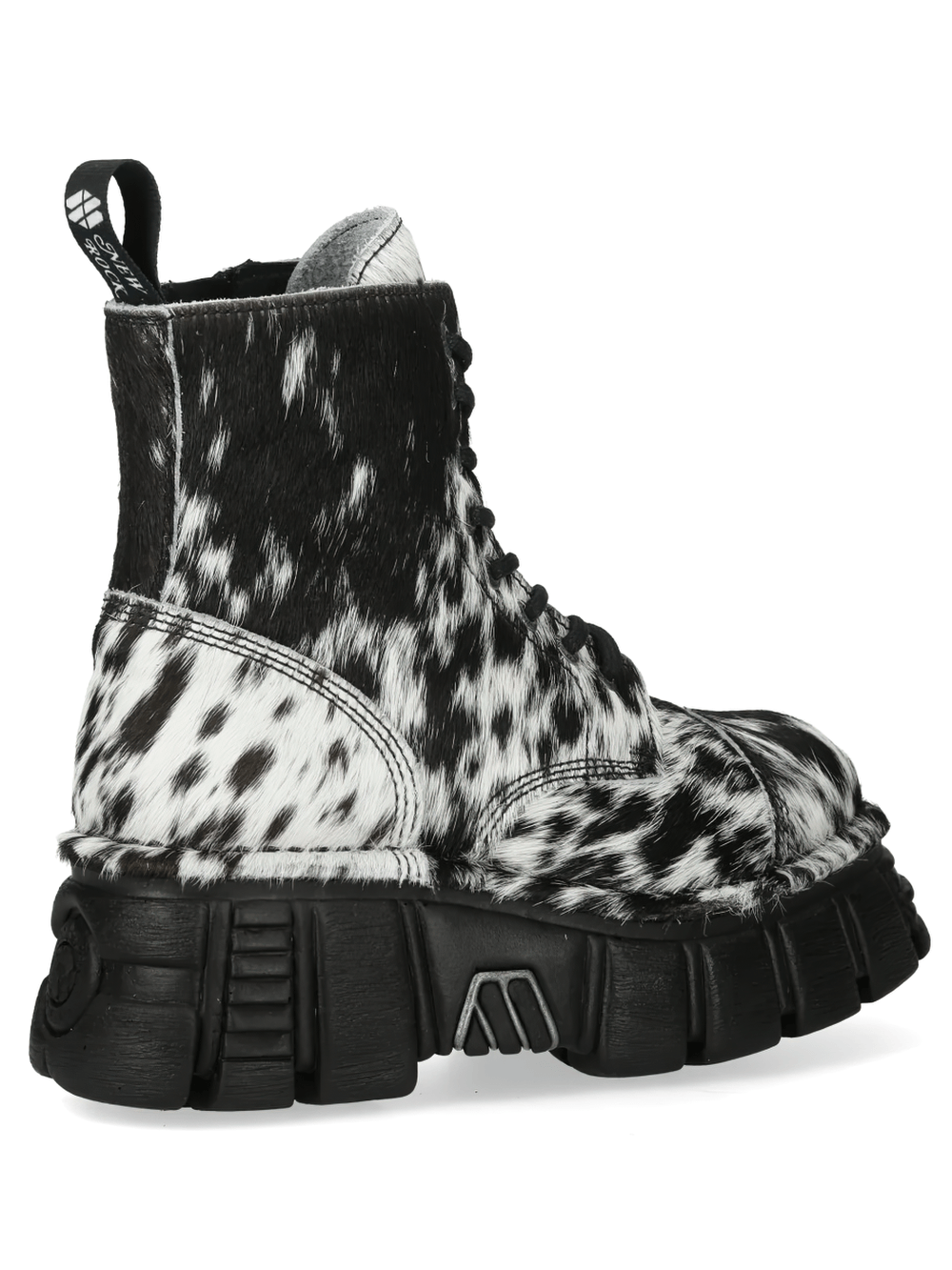 NEW ROCK Women's Cow Print Gothic Boots with Lug Sole side view showcasing the stylish black and white cow print design.