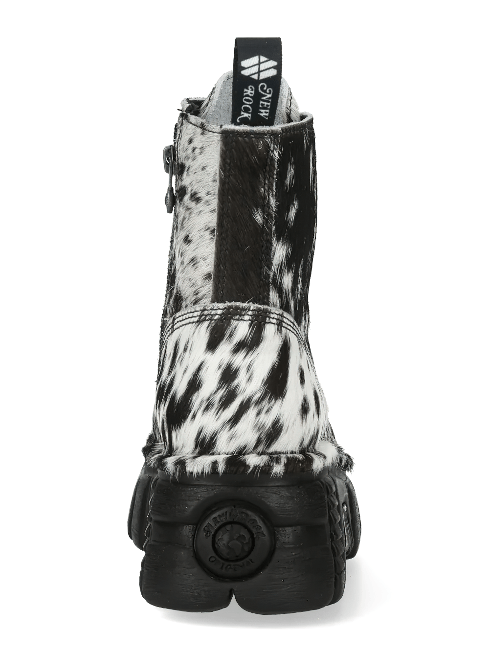 NEW ROCK Women's Cow Print Gothic Boots with Lug Sole - Back view showcasing unique cow print design and heavy lug sole.
