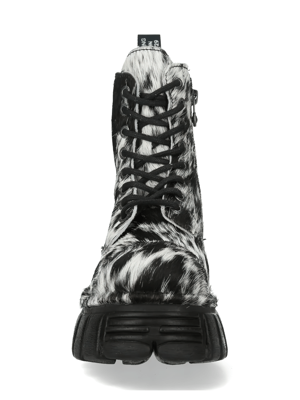 NEW ROCK Women's Cow Print Gothic Boots with Lug Sole showcasing a stunning black and white cow print design.