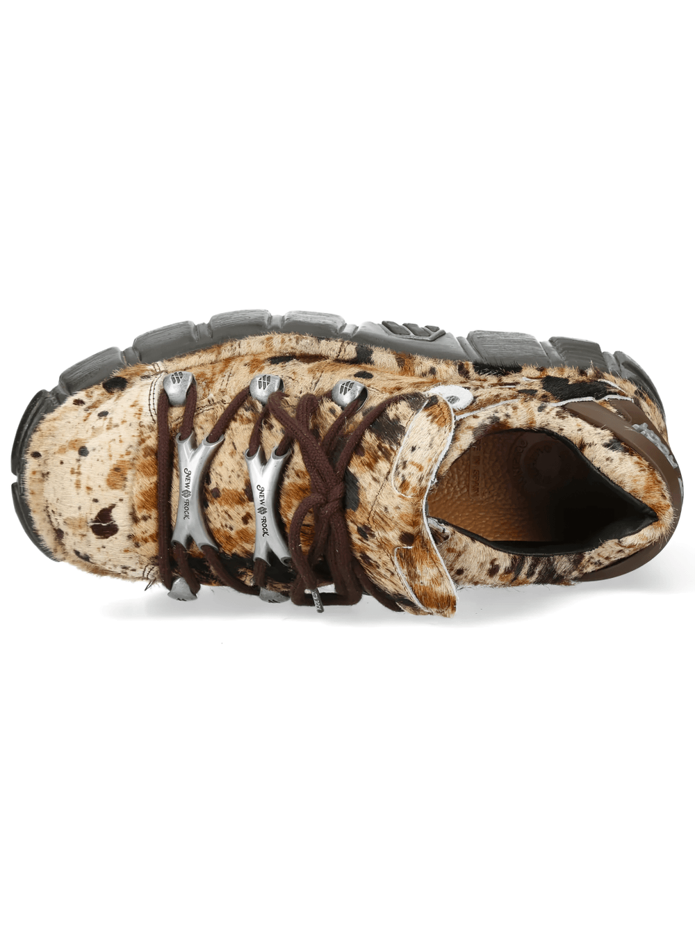 NEW ROCK Women's Cow Print Gothic Shoes with Silver Plates viewed from above, featuring chunky platform and spotted design.