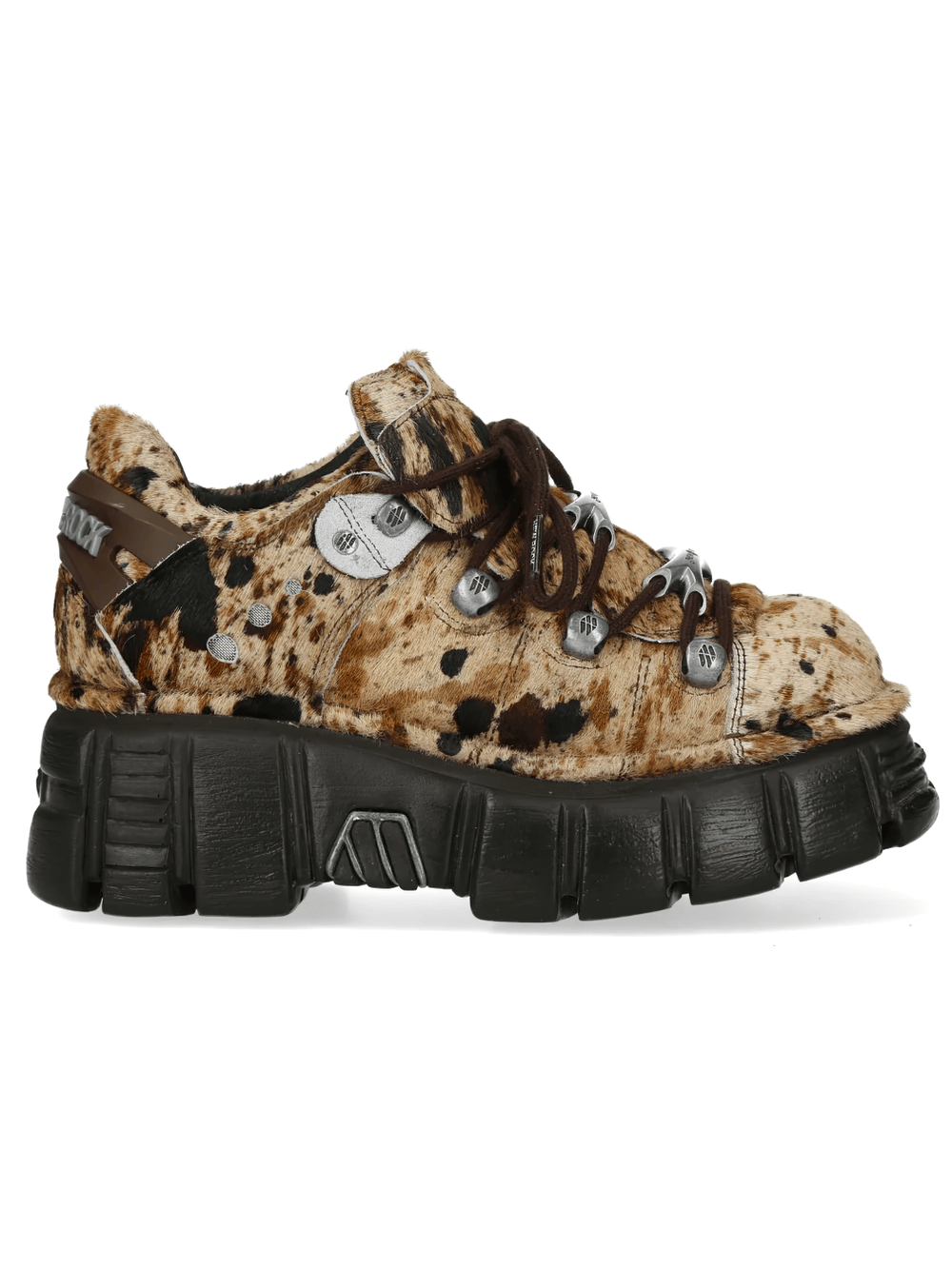 NEW ROCK Women's Cow Print Gothic Shoes with Silver Plates featuring a chunky platform and metal trim.