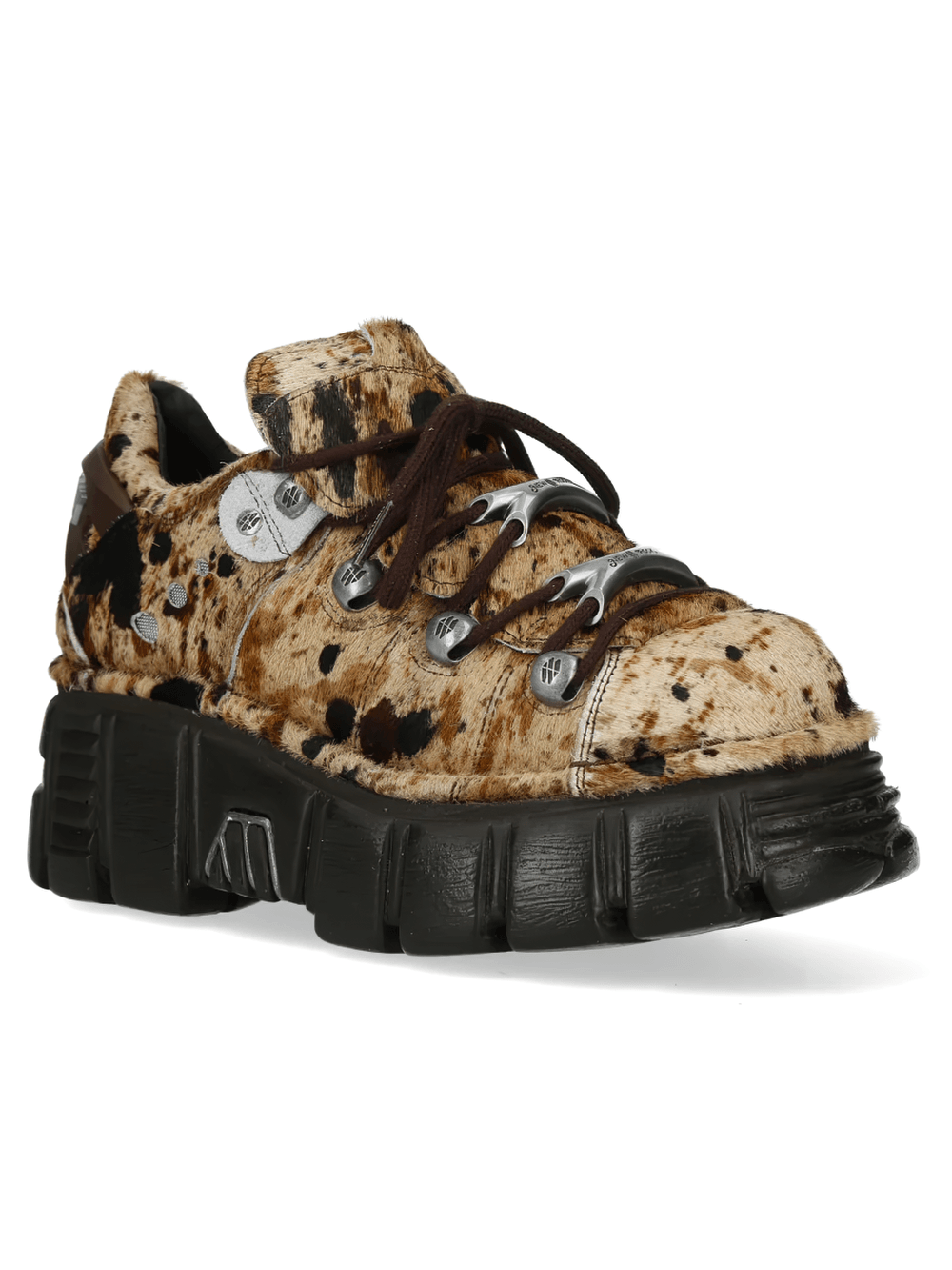 NEW ROCK Women's Cow Print Gothic Shoes with Silver Plates featuring a chunky platform and punk style.
