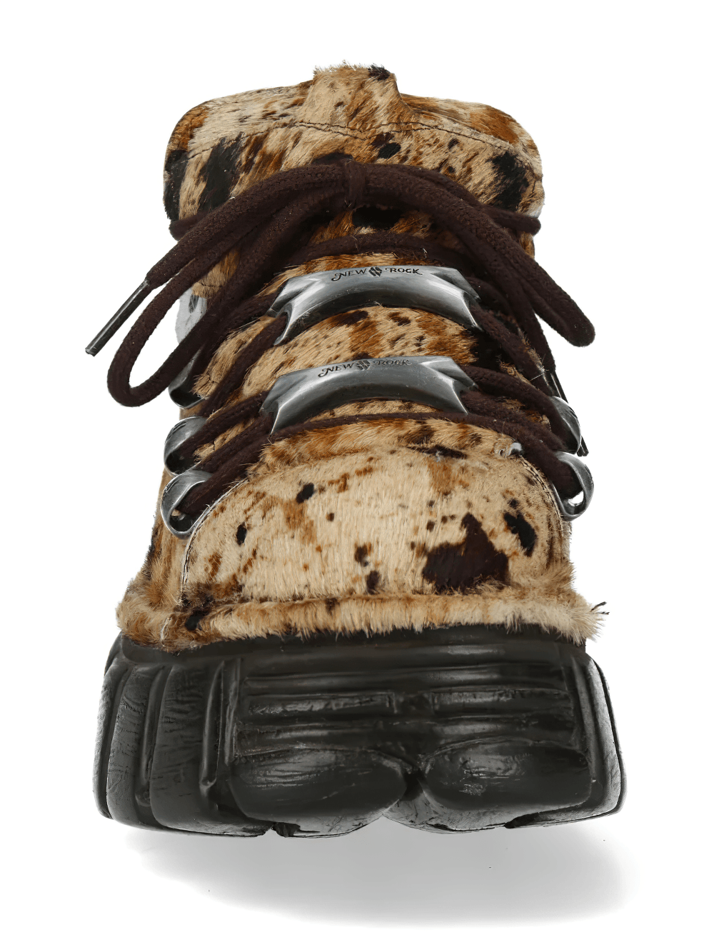 NEW ROCK Women's Cow Print Gothic Shoes with Silver Plates front view showcasing animal pattern and chunky sole.