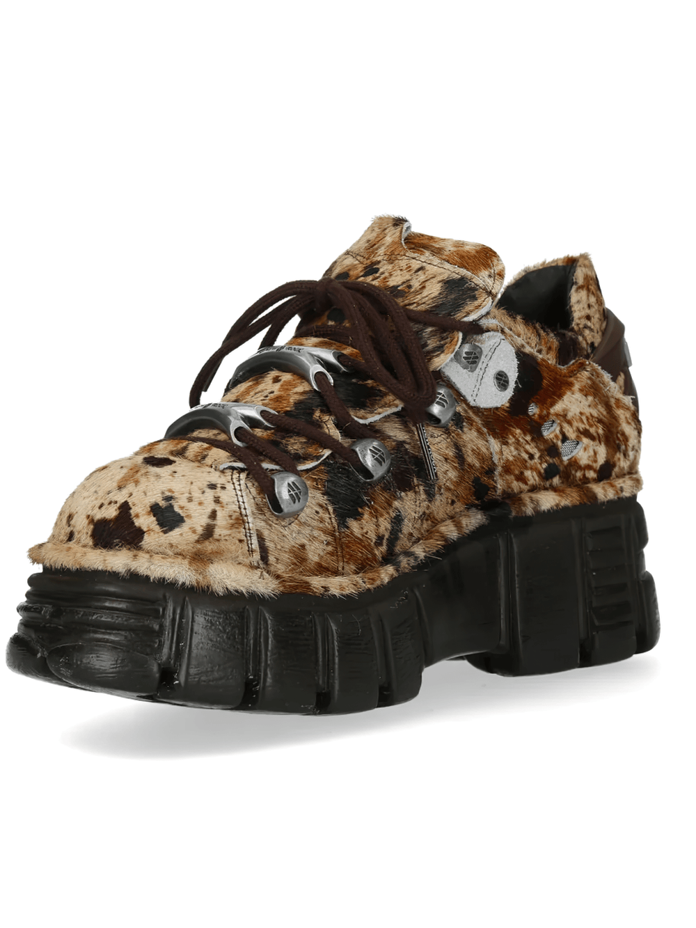 NEW ROCK Women's Cow Print Gothic Shoes with Silver Plates featuring chunky platform and metal trim design.