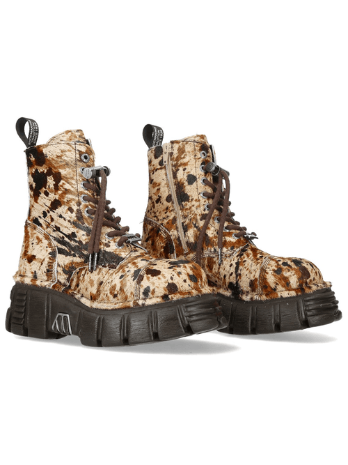 NEW ROCK Women's Cow Print Platform Boots with Side Zip
