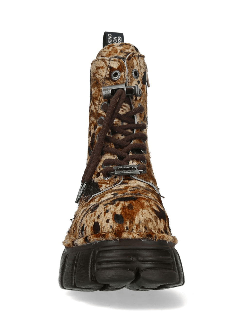NEW ROCK Women's Cow Print Platform Boots with Side Zip, stylish punk ankle boots with a chunky platform and side zipper.