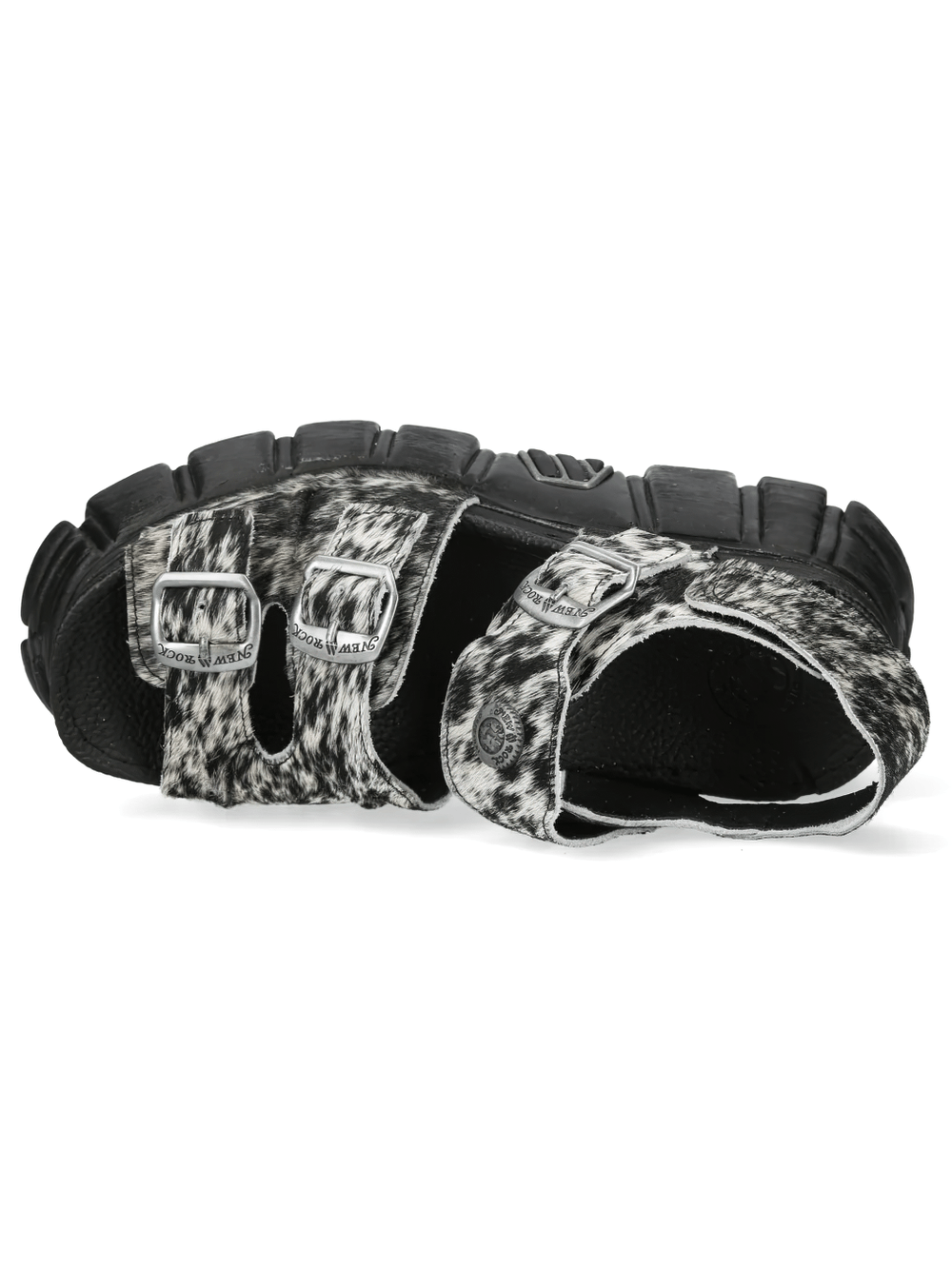 NEW ROCK Women's Cow Print Punk Sandals with Buckles featuring adjustable straps and bold tread sole.