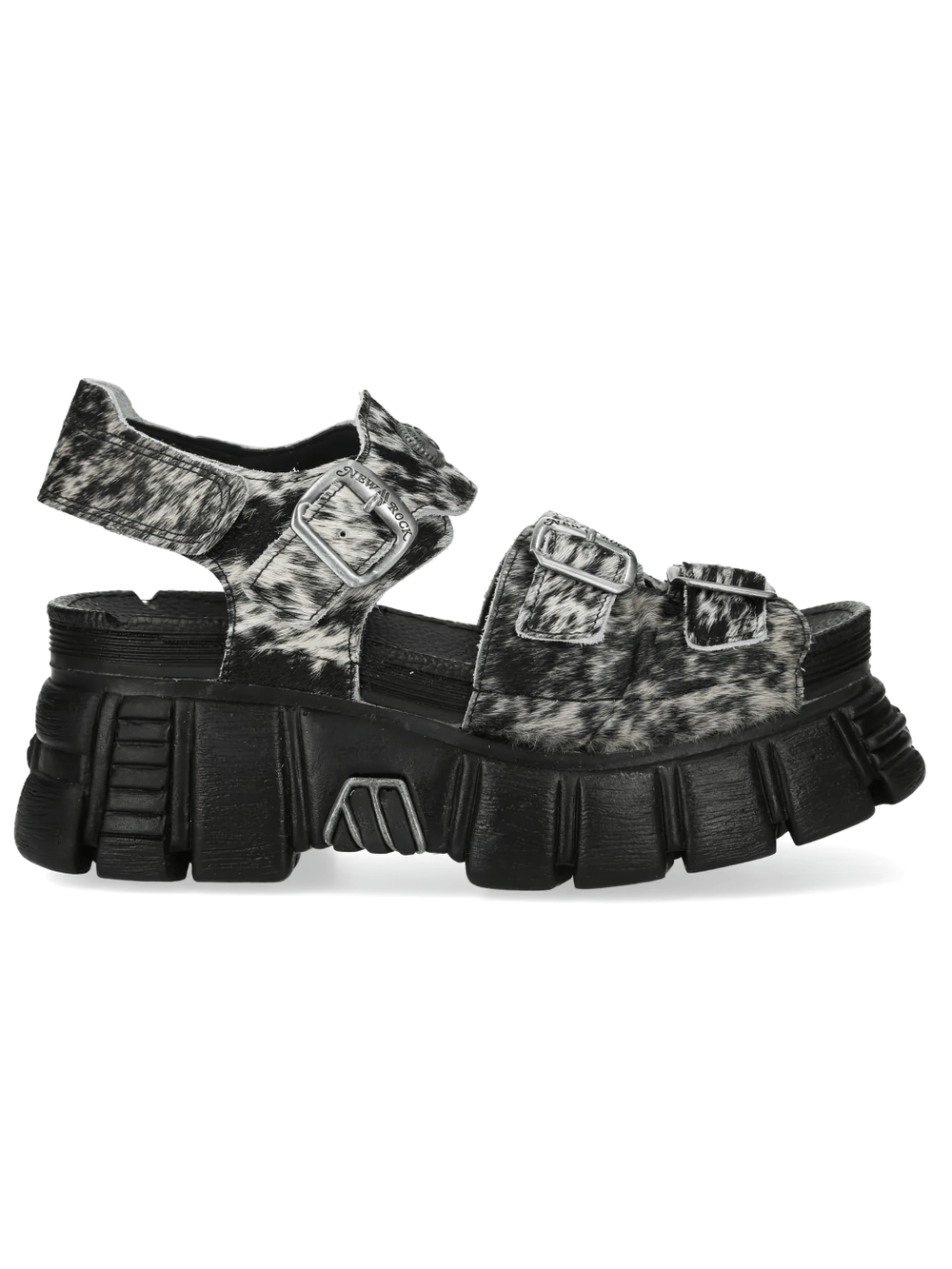 NEW ROCK Women's Cow Print Punk Sandals with Buckles showcasing unique animal print and bold platform design.