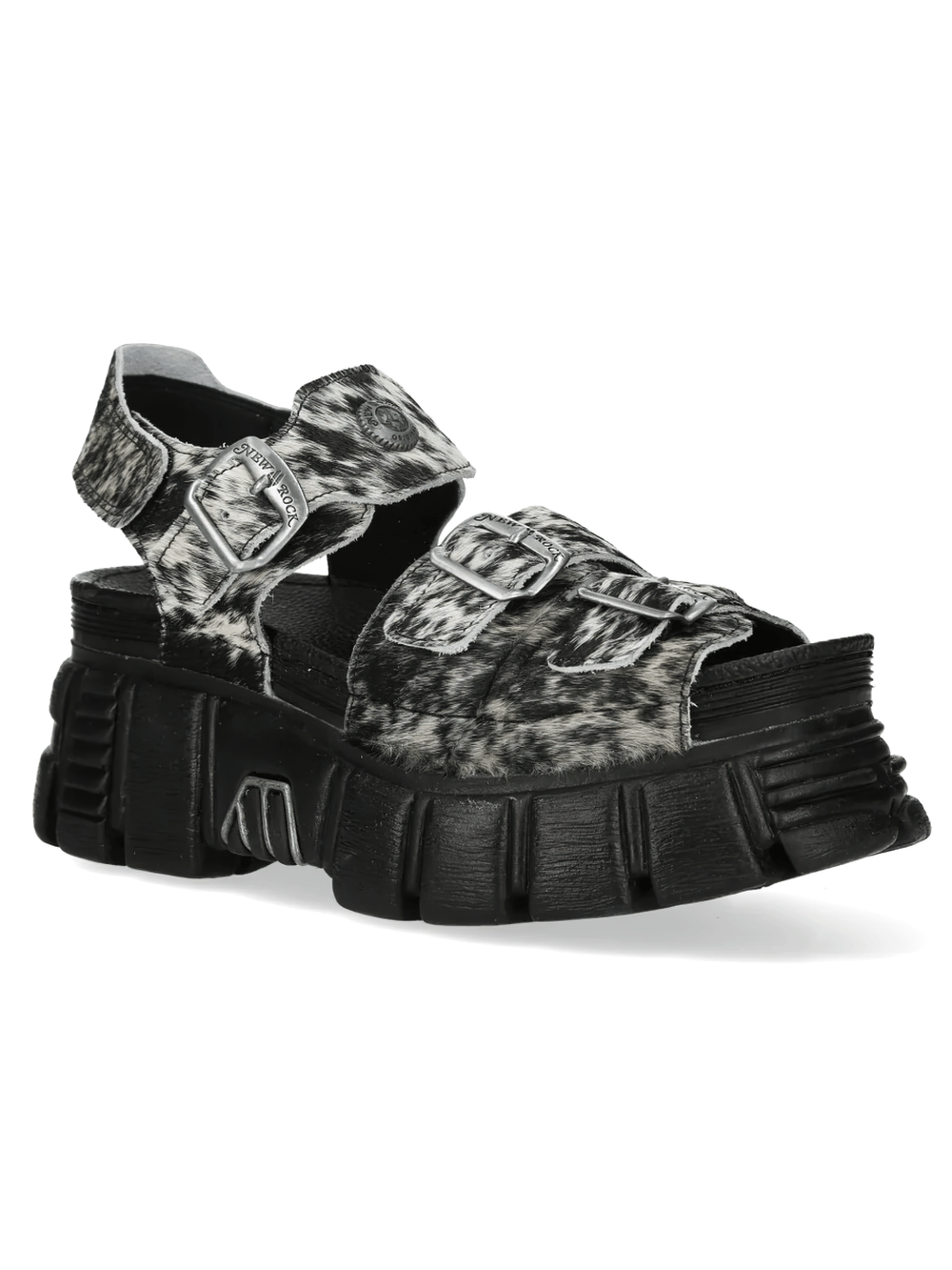 NEW ROCK Women's Cow Print Punk Sandals with Buckles featuring bold black and white design and wide adjustable straps.