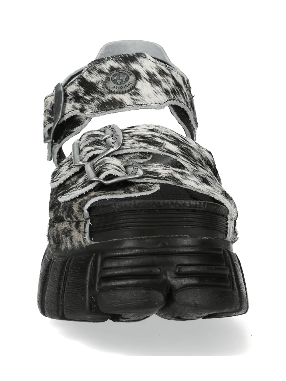 NEW ROCK Women's Cow Print Punk Sandals with Buckles showcasing bold animal print and adjustable buckle straps.