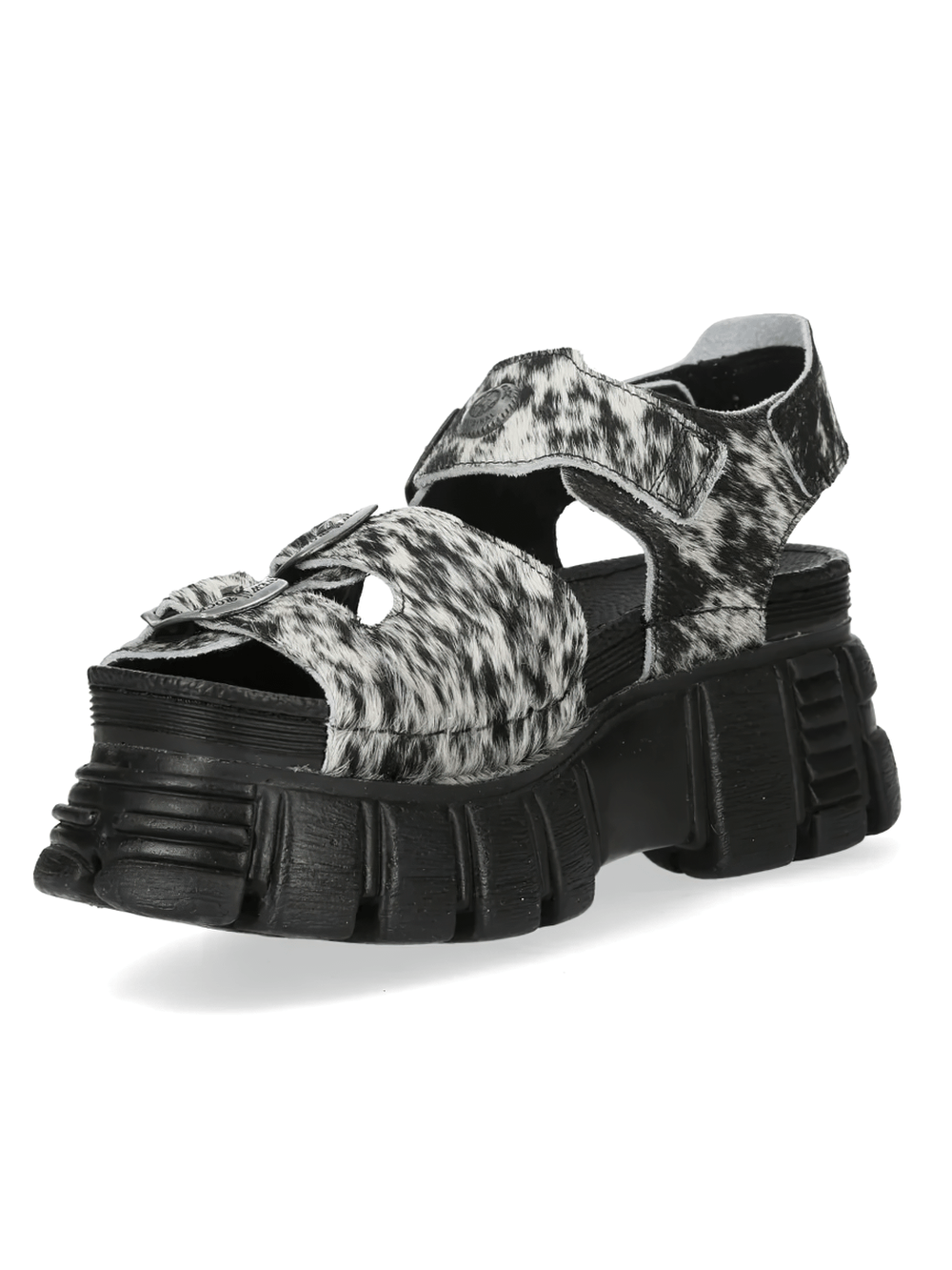 NEW ROCK Women's Cow Print Punk Sandals with Buckles featuring bold black and white design and chunky tread sole.
