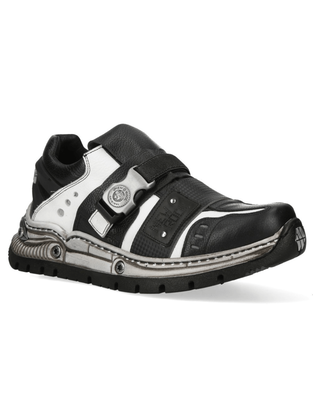NEW ROCK Women's Cyberpunk Shoes with Bold Buckle, black and white slip-on footwear with a statement buckle.