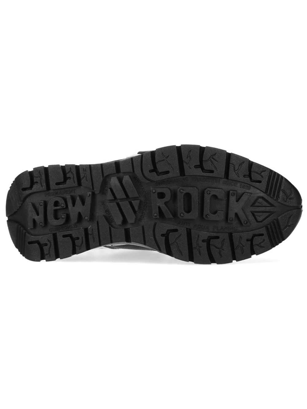 Image of the sole of NEW ROCK Women's Cyberpunk Shoes with Bold Buckle showcasing rugged tread and artistic detailing.