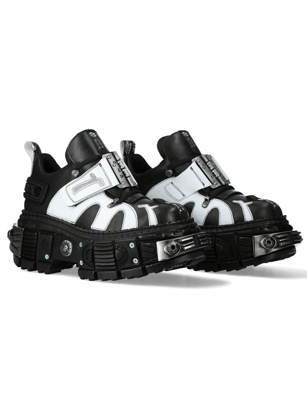 NEW ROCK Women's Cyberpunk Shoes with Oversized Buckle Strap in black and white with chunky mechanical sole.
