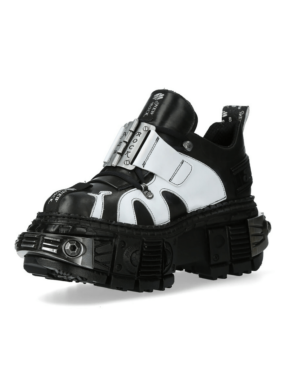 NEW ROCK Women's Cyberpunk Shoes with Oversized Buckle Strap in black and white with chunky mechanical sole.