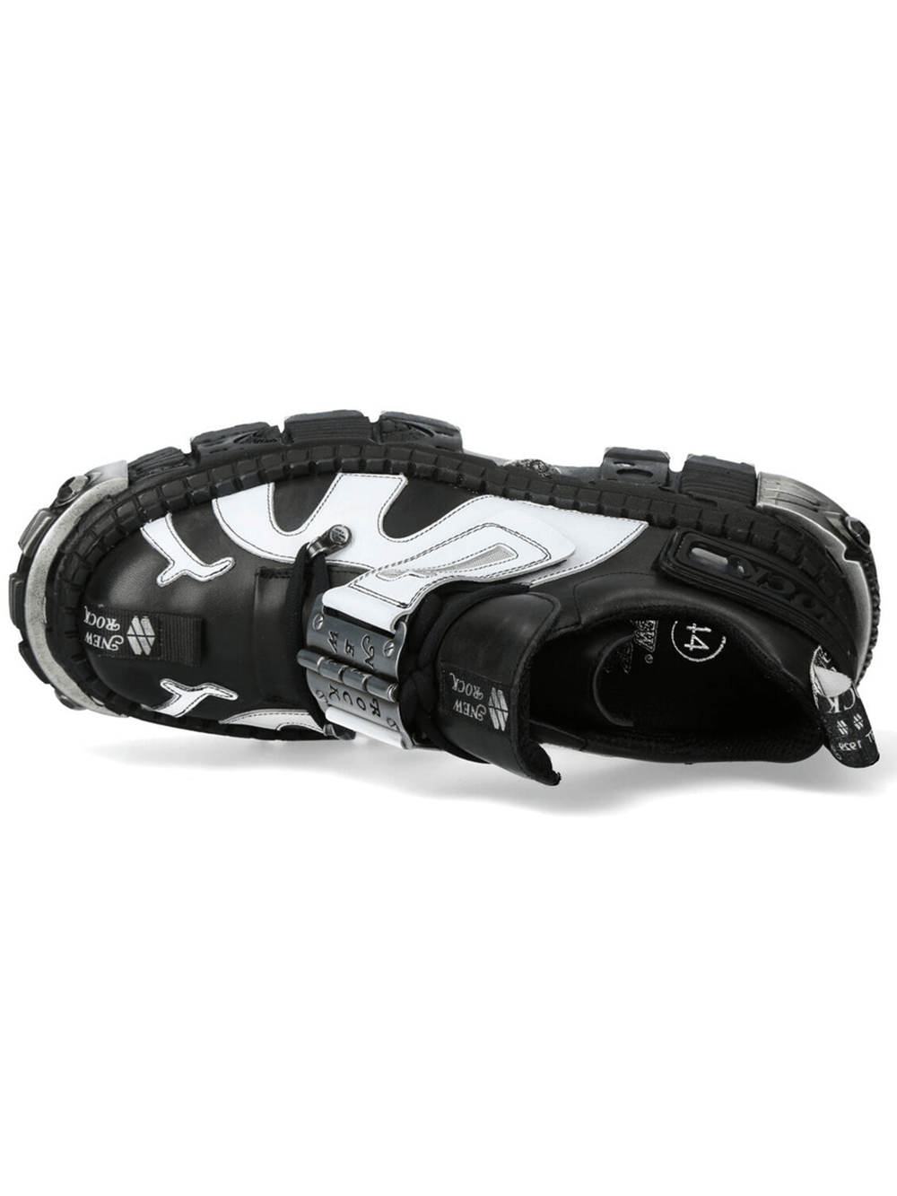 NEW ROCK Women's Cyberpunk Shoes with Oversized Buckle Strap showcasing chunky black and white design and mechanical sole.