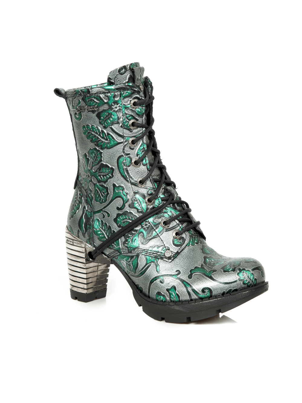 Gray and green gothic lace-up ankle boots with embossed leaf pattern and metallic finish.
