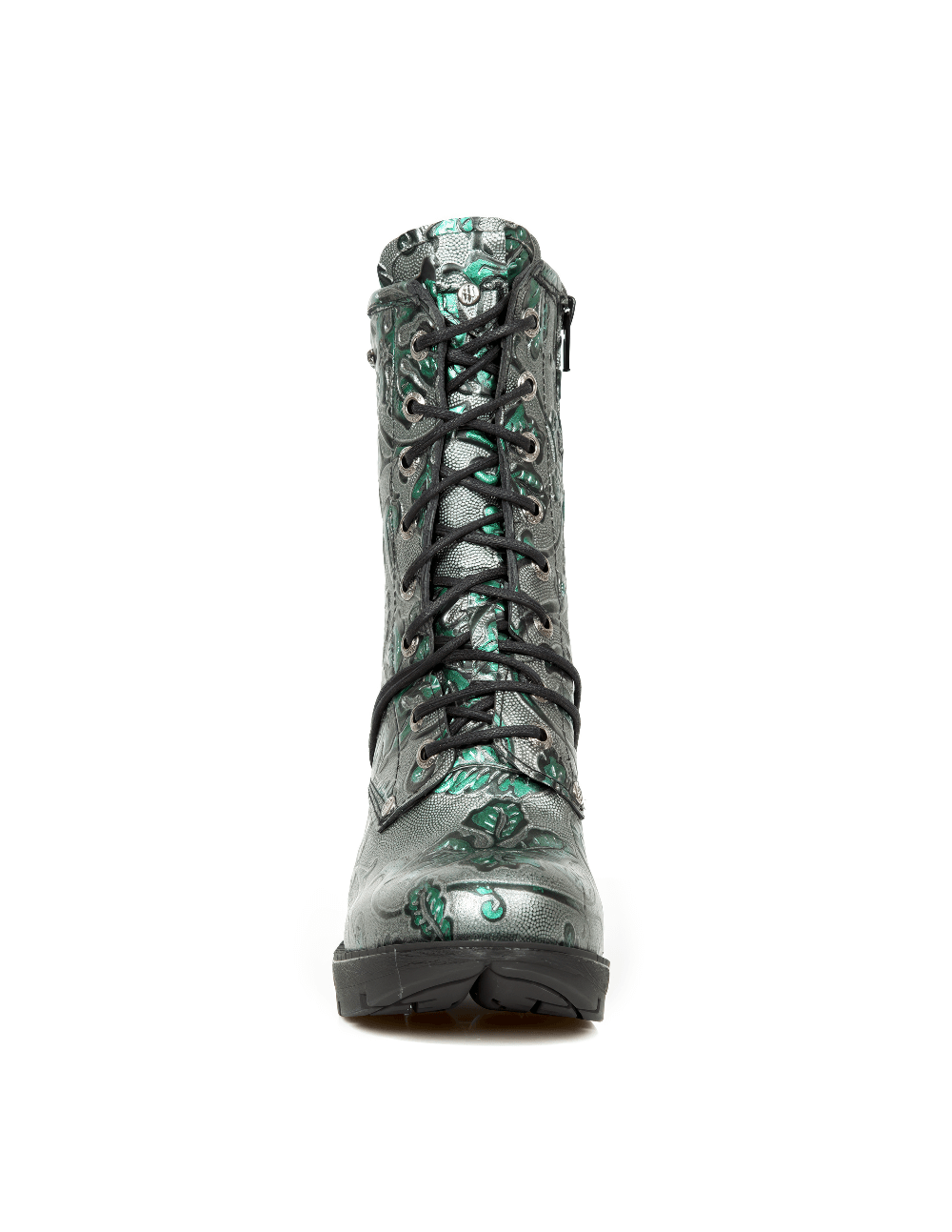 NEW ROCK Gothic Ankle Boots in gray and green with embossed leaf pattern, perfect for bold, stylish looks.