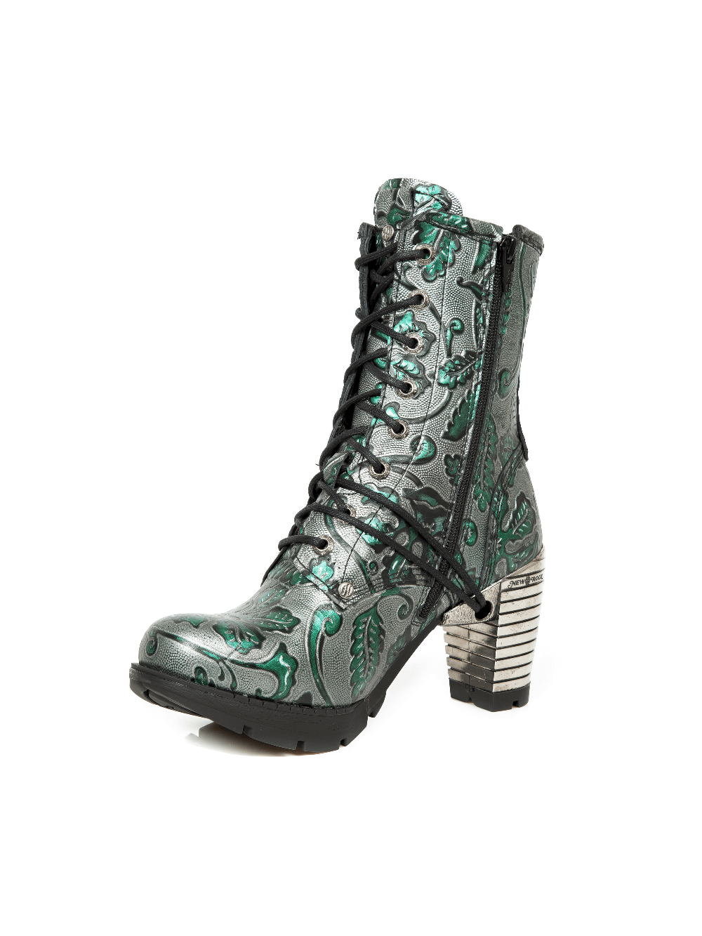 Gray and green Gothic lace-up ankle boots with embossed leaf design and metallic finish.