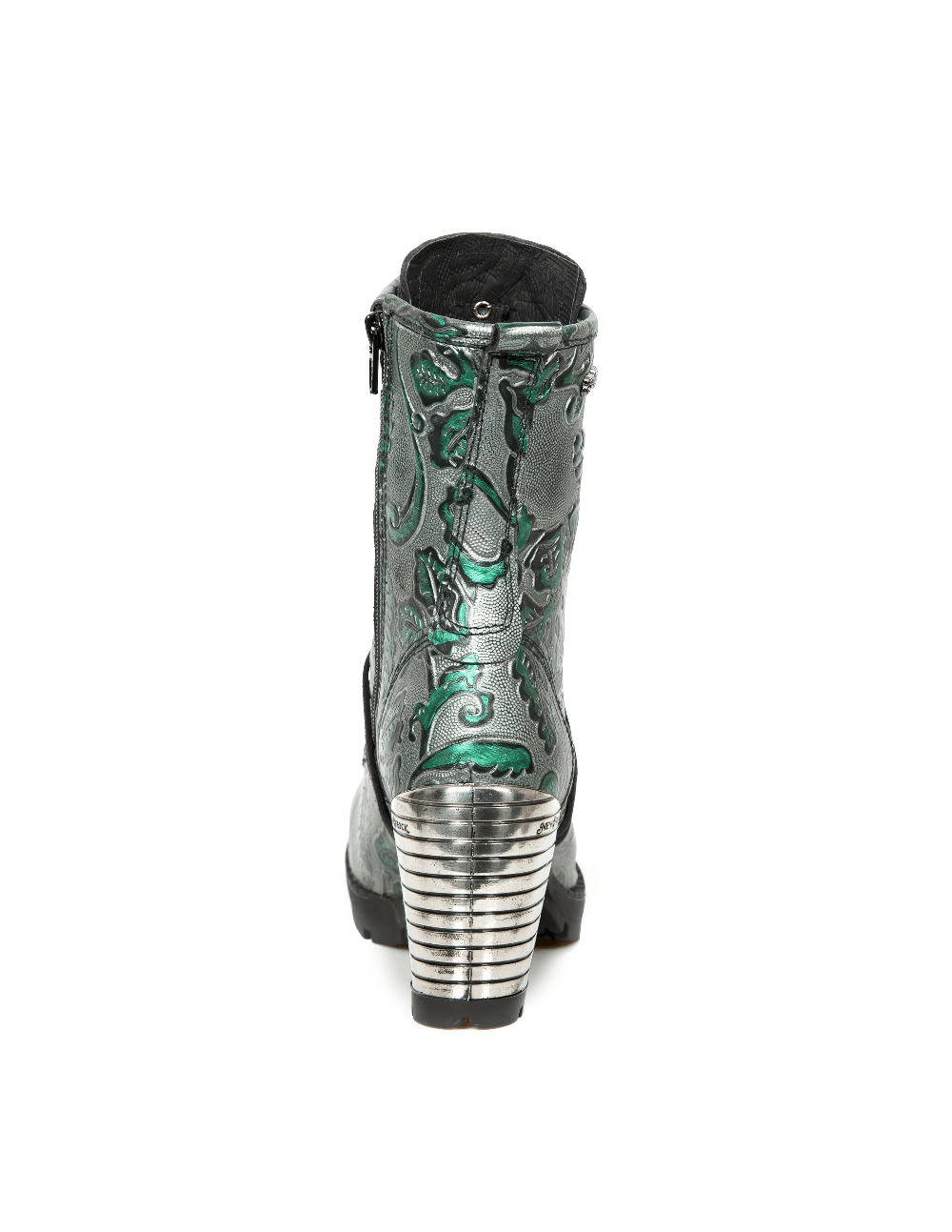 Back view of NEW ROCK Women's Gray and Green Gothic Ankle Boots with embossed leaf pattern and metallic finish.