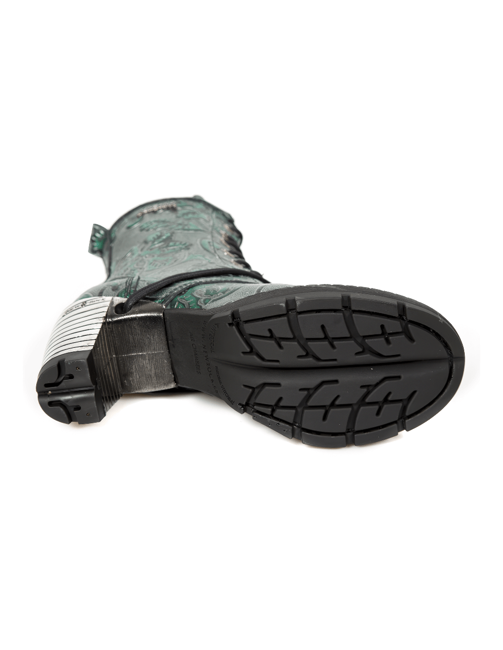 Bottom view of NEW ROCK Women's Gothic Ankle Boots featuring embossed leaf pattern and durable tread design.